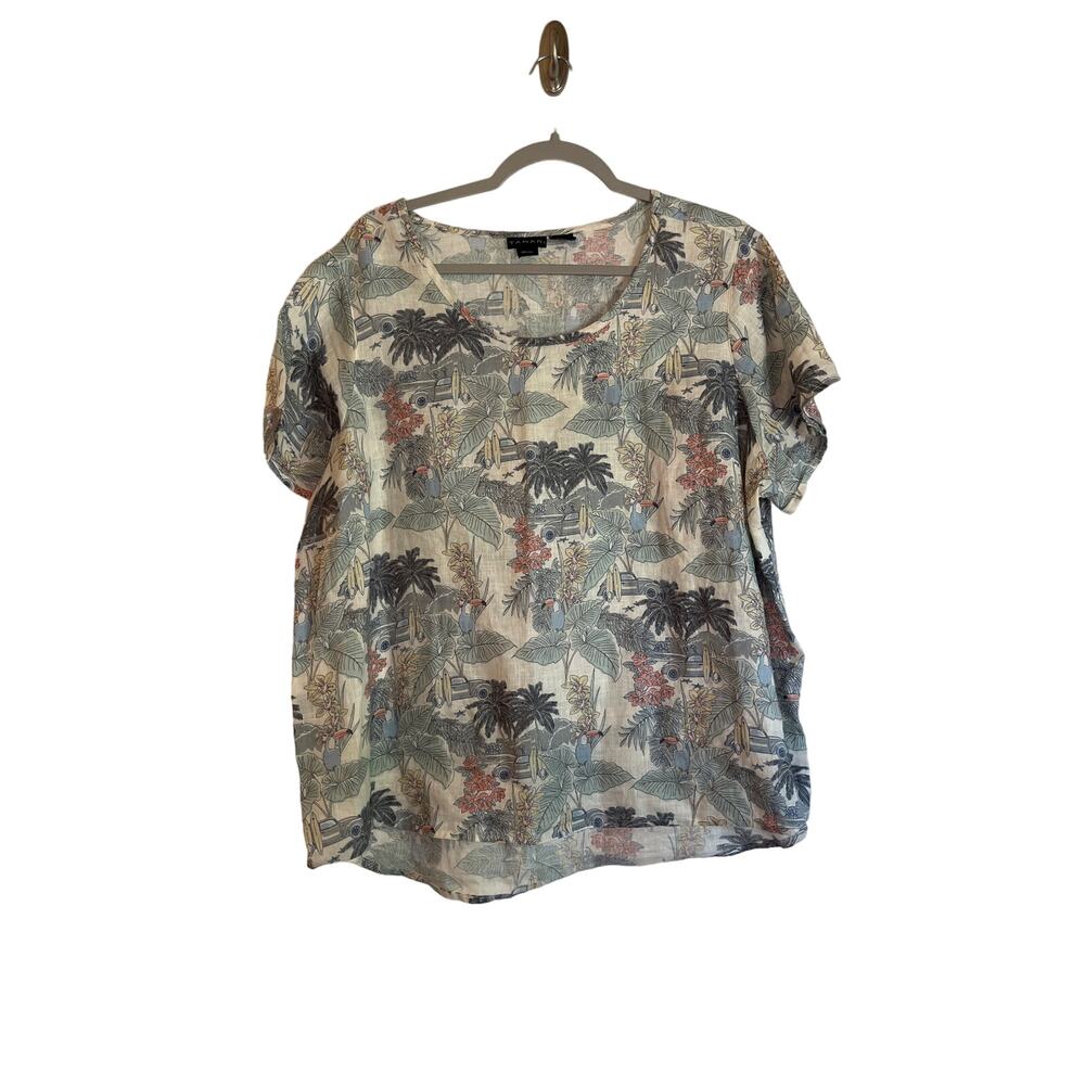 Tahari Linen Short Sleeve Top Size 1X Multicolor Hawaiian Tropical Surf Print
